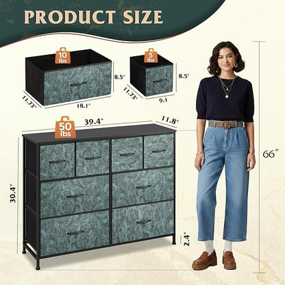 WLIVE Dresser for Bedroom with 8 Drawers, Wide Fabric Dresser for Storage and Organization, Bedroom Dressers, Chest of Drawers for Living Room, Closet, Hallway, Vintage Green