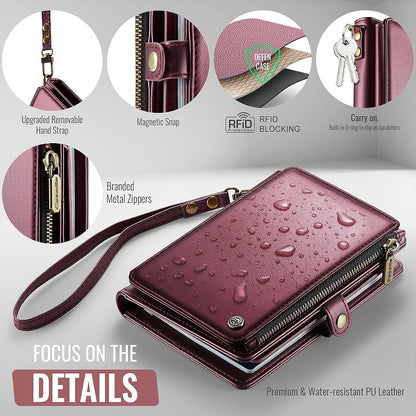 XIMAND Passport Holder Wallet Bag with AirTag Holder, 11 Card Slots and Passport Solt Cash Solt Photo Solt Zipper Pocket, RFID Blocking Wristlet Strap.Wine