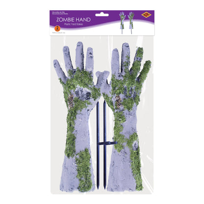 Beistle Plastic Zombie Hand Yard Stakes – Halloween Outdoor Lawn Decorations, Creepy Graveyard Hands with Moss, Scary Undead Props for Haunted House Pathway, Garden or Tombstone Scene Décor, 16”