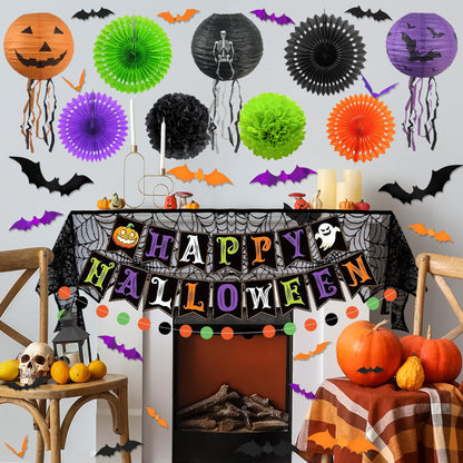 Trgowaul Happy Halloween Decorations Set, 48pcs Halloween Party Supplies, Banner, Paper Fans, Ppaper Lanterns, 3D Bat Sticker, Spider Cobweb Table Cover Fireplace Decor KIt