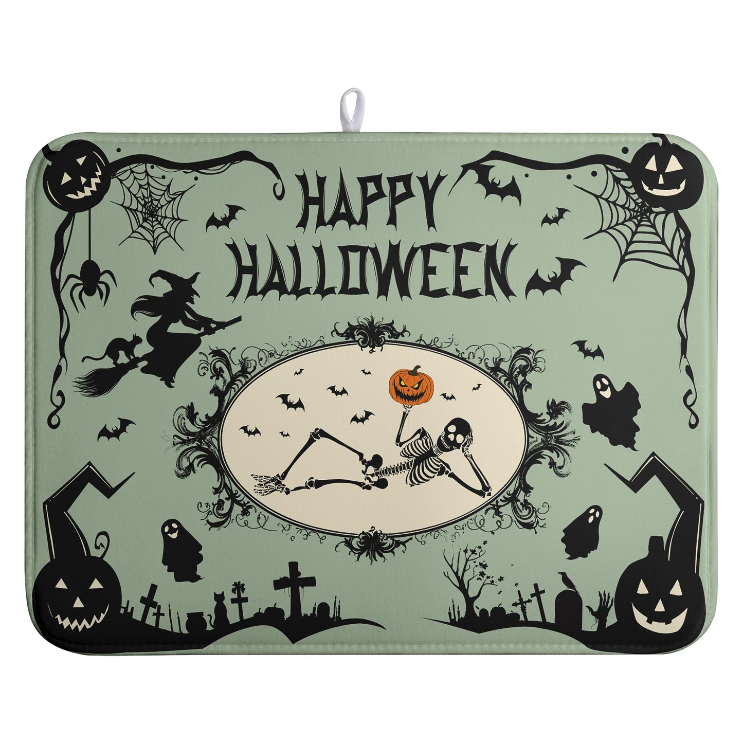 Wnoesat Happy Halloween Dish Drying Mat for Kitchen Counter 18x24 Skull Pumpkin Witch Spider Web Bat Ghost Drying Mats Green Black Absorbent Microfiber Dish Drainer Rack Pad for Coffee Bar