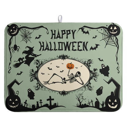 Wnoesat Happy Halloween Dish Drying Mat for Kitchen Counter 18x24 Skull Pumpkin Witch Spider Web Bat Ghost Drying Mats Green Black Absorbent Microfiber Dish Drainer Rack Pad for Coffee Bar