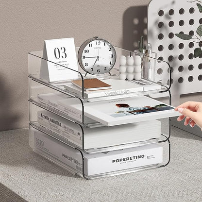 FANXIYQ 4-Tier Acrylic Paper Tray Organizer with Pen Holder | Clear Stackable Desk Organizer for Documents, Letters, A4 Paper | Modern Office/Classroom/Home Organization