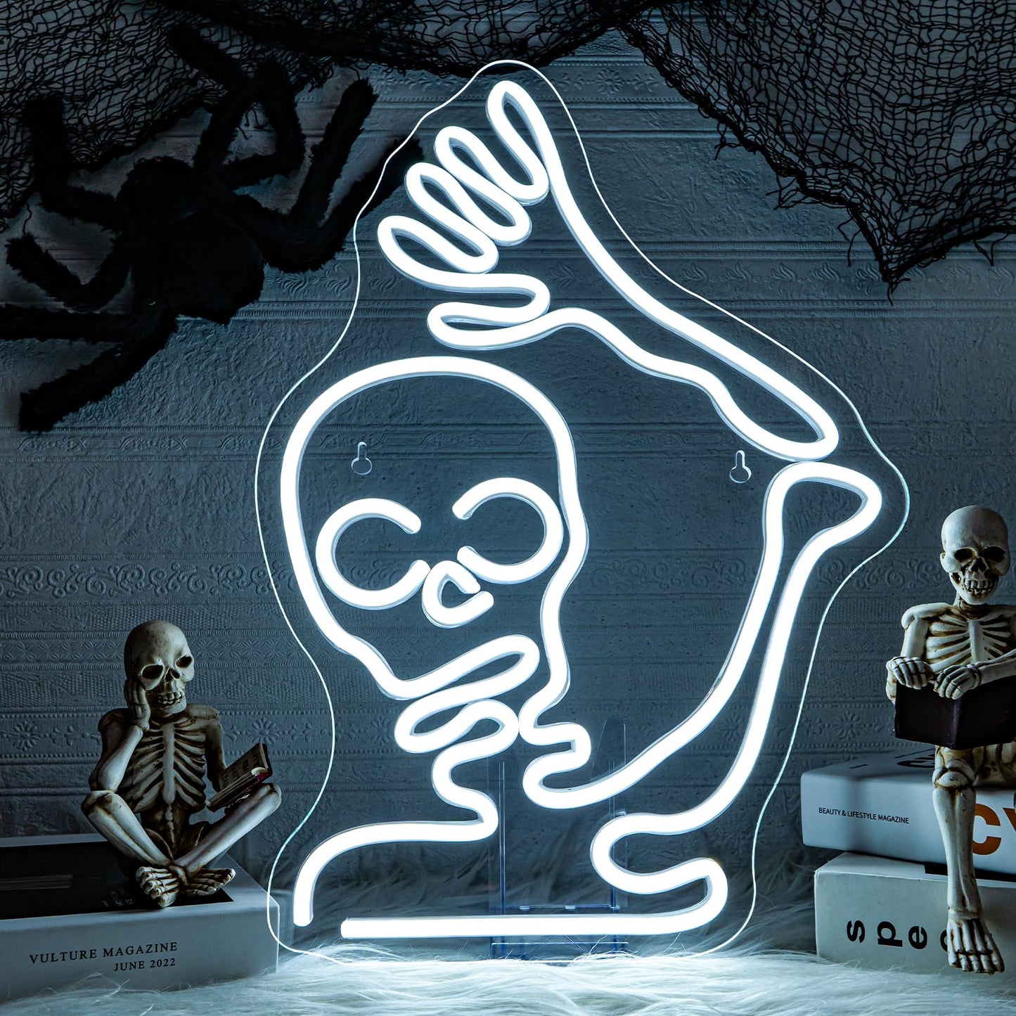 Looklight Skeleton Skull Neon Sign Halloween Decor Neon Signs For Wall Skeleton Halloween Led Lights For Bedroom Front Door Man Cave Bar Game Room Party Decoration Gifts USB Powered LED light 11.4x15.9in