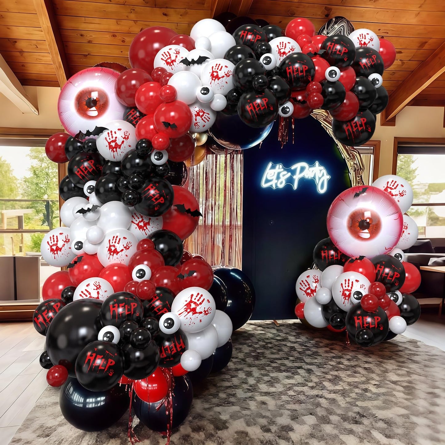 Bloody Scary Halloween Balloon Arch Kit,159Pcs Red Black White Bloody Handprints Balloon Garland with Eyeball Foil Balloons,3D Bat Stickers for Horror Movies Night Killer Birthday Party Decorations