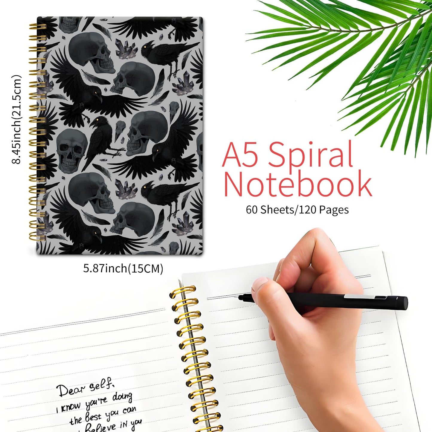 KZYVFNPQ Spiral Journal Notebook for Women Men, A5 Cute Hardcover Lined Notebook with Strong Binding,College Ruled Notebook for Office Work Writing, 120 Pages/60 Sheets, 6"x8.3"(Ravens Skull Halloween)