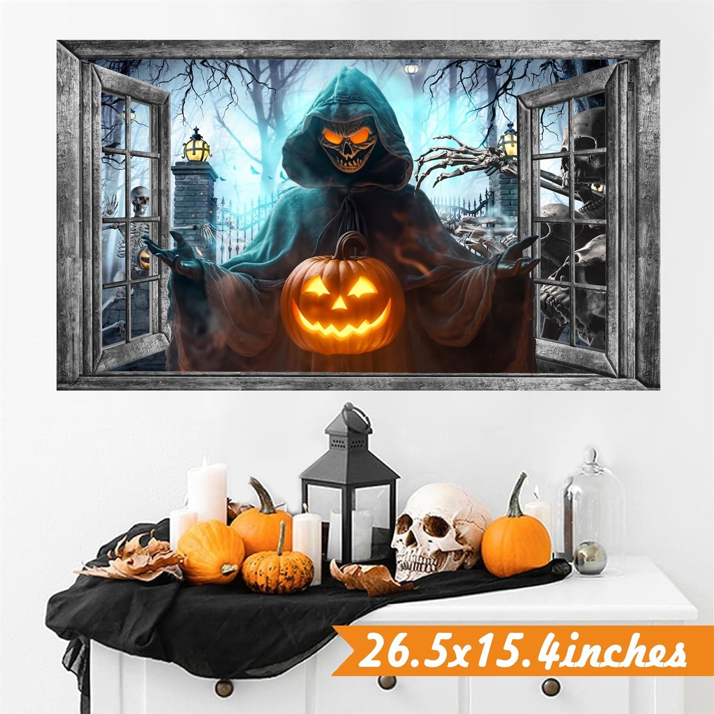 Halloween Wall Decor Halloween Decals 3D Fake Window Wall Decal Peel and Stick Grim Reaper Pumpkins Skeleton Wall Art Murals Halloweens Decoration for Living Room Bedroom Haunted House Party Supplies