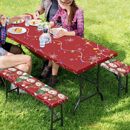 Mintulipy 3 PCS Fitted Picnic Table Cover with Bench Cover Fitted Rectangle Tables and Seats Christmas Lights Snowmen Outdoor Picnic Table Cover for Camping