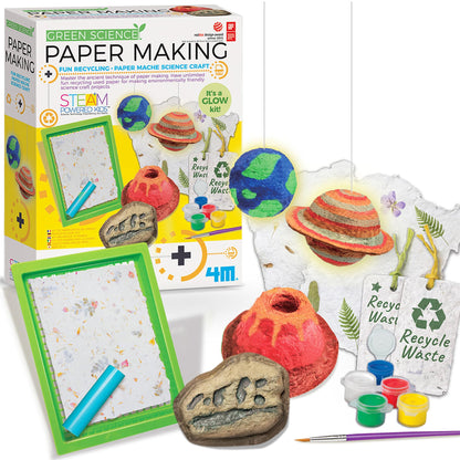 4M Green Science - Paper Making Kit - Recycle and Create Your Own - Paper Making Screen - Green DIY Craft Stem Toys Kit for Kids - Includes Molds, Paints, and Glow-in-the-Dark Features