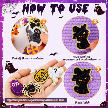 50 Pcs Halloween Patches Chenille Patches Self Adhesive Embroidered Autumn Halloween Pumpkin Ghost Skeleton Witch Hat Spider Gravestone Zombie Stick on Patch Stickers for Backpacks Hats Bags Jackets