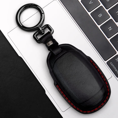 Tukellen Genuine Leather Key Fob Cover Smart Key Holder Sleeve Fit for 2020-2022 Hyundai Palisade Elantra GT Accent Kona Santa Fe Veloster (Black(Red line), 4 Button)