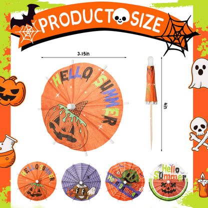 Ferrochef 100 Pcs Summer Halloween Cocktail Umbrellas Picks - Halloween in July Drink Decoration & Cupcake Toppers - Tropical Spooky Summer Paper Parasols Picks for Hawaiian Pool Beach Party Decor