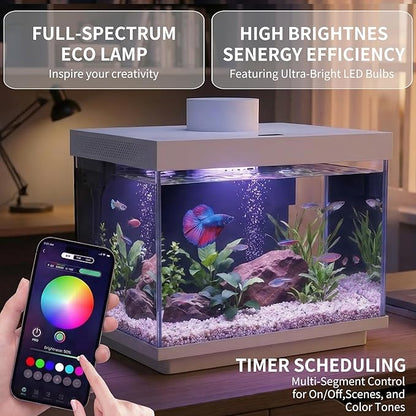 Smart Fish Tank, 2 Gallon Glass Aquarium Starter Kit with App Control, Auto Feeder, Temperature Display, RGB Color Light 3-in-1 Quiet Pump with Filter for Home, Office Corner
