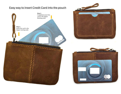 Genuine Leather Coin Purse Pouch for Women Men Vintage Cowhide Grain Leather Slim Mini Wallet Metal Zipper with Real Leather handle (Dark Brown)