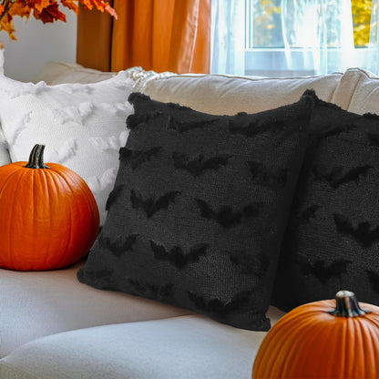 Geyoga Set of 4 Halloween Bat Pillow Covers 18x18 Inch Black White Bat Throw Pillow Cases Soft Plush Faux Fur Couch Cushion Case for Chair Sofa Bedroom Living Room Home