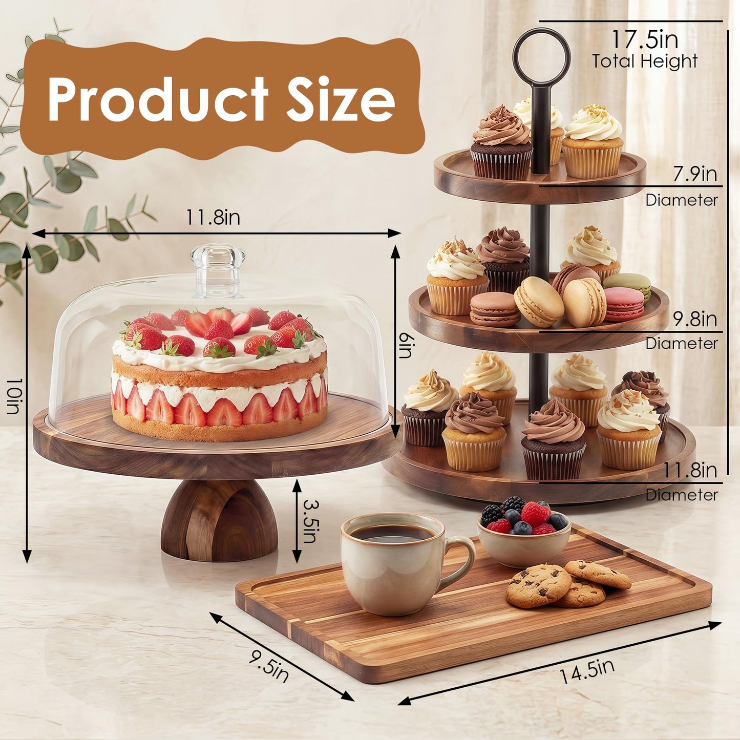 5 Pcs Wooden Dessert Table Display Set,Acacia Wood Cake Stand with Dome Lid,2 Pcs 3-Tier Dessert Display Stands and 2 Serving Trays Hosting Essential for Wedding Birthday Party Baby Shower Christmas