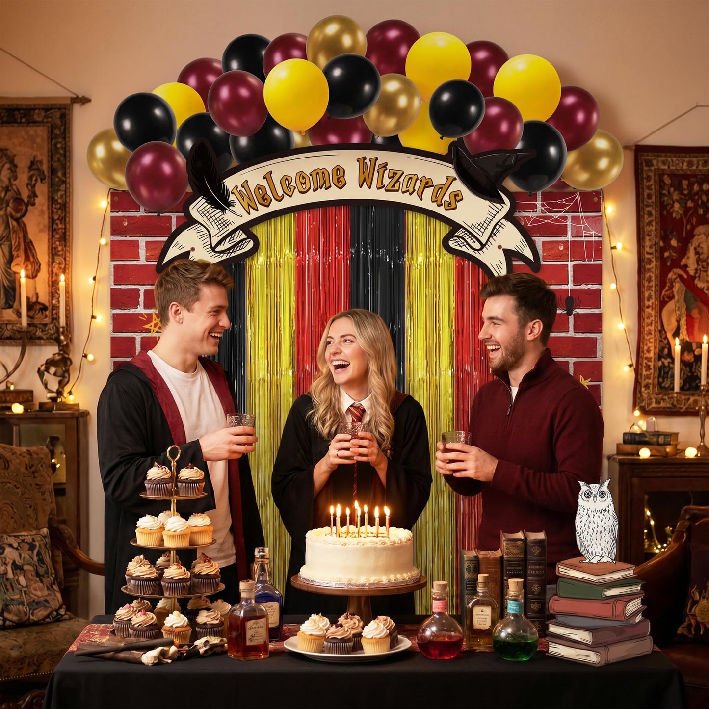 JewGewenil Wizard School Theme Party Banners - 25Pcs Black Red Gold Foil Fringe Backdrop Curtains and Balloon Decoration Set, Magic Inspired Design for Classroom Birthday Photo Booth (Welcome Wizard)