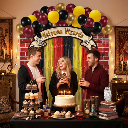JewGewenil Wizard School Theme Party Banners - 25Pcs Black Red Gold Foil Fringe Backdrop Curtains and Balloon Decoration Set, Magic Inspired Design for Classroom Birthday Photo Booth (Welcome Wizard)