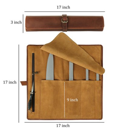 KomalC Premium Buffalo Leather Chef Knife Roll – 17.5″ × 17.5″ Knife Storage Bag with 4 Slots, Suede Lining, Brass Buckle & Zipper Pouch – Portable Travel Case for Chefs & Culinary Students