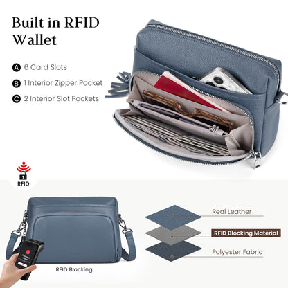 befen Soft Real Leather Small Crossbody Purses for Women, Ladies Anti-Theft Shoulder Bag Handbag Purse with Adjustable Strap & Built in RFID Wallet Light Blue