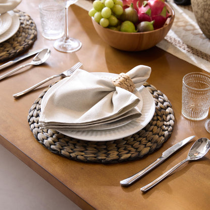 10 Pack, Round Woven Placemats, Natural Water Hyacinth Wicker Place Mats, Braided Straw Table Mats for Dining Table, Fall, Halloween, Thanksgiving, Chrismats, Black (13.8 inch)