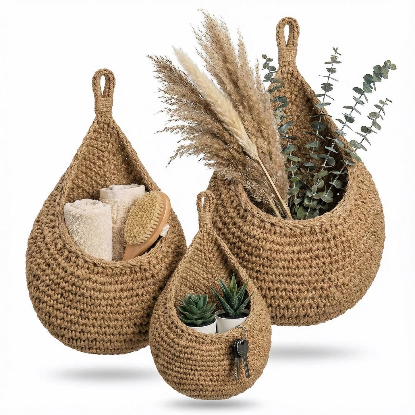 3 Pack Hanging Fruit Basket - Boho Kitchen Wall Decor for Vegetable Onion Potato Storage, Woven Teardrop Organizer - Cotton Rope