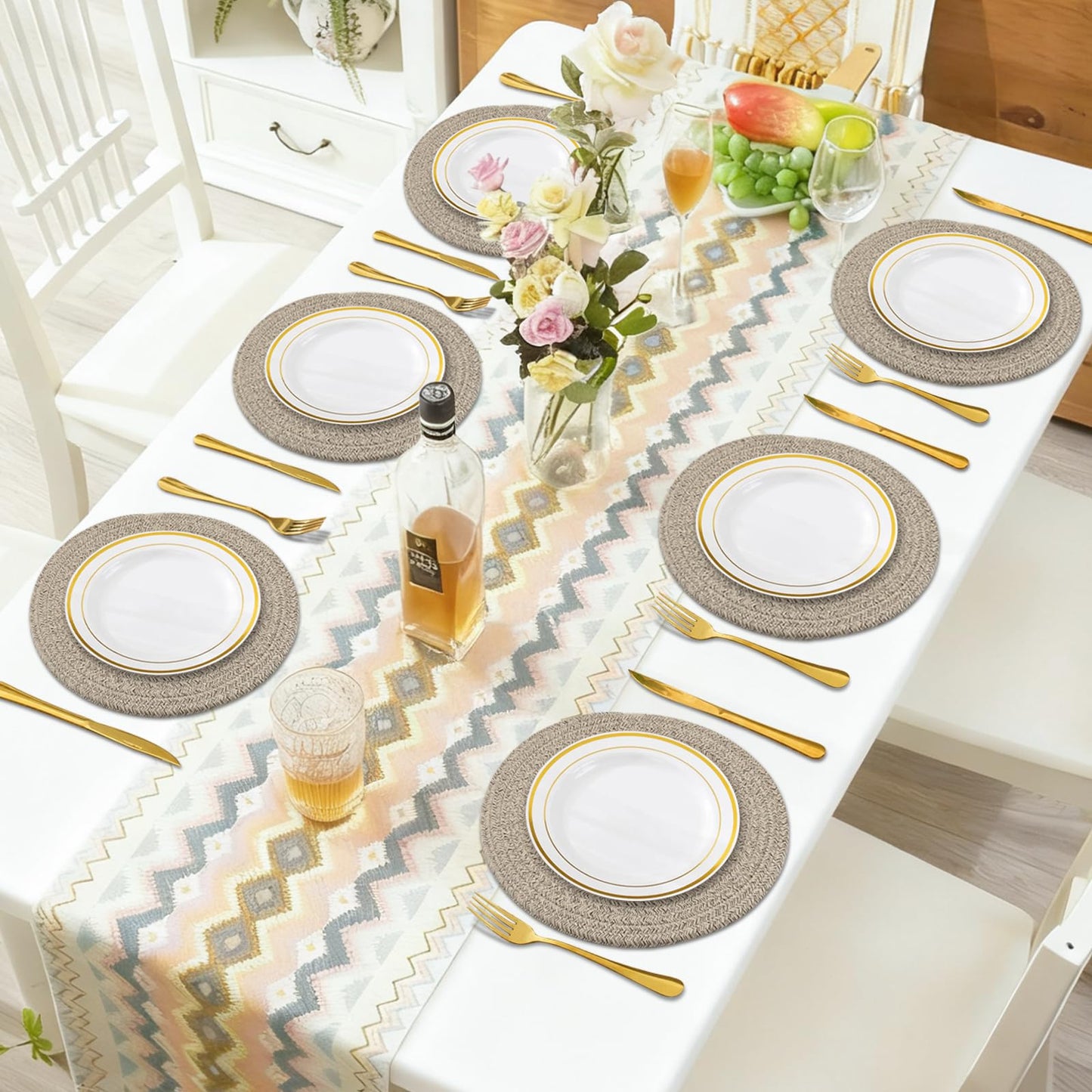 Round Placemats Set of 6, Cotton Rope Woven Table Mats, Hot Pads for Kitchen, Non Slip Heat Resistant Place Mats, 13 Inches Braided Placemat for Farmhouse Decor and Kitchen Table Decor (Brown)