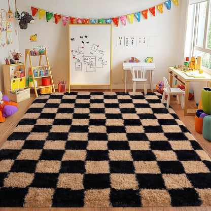 PIPABOBO Checkered Rug 4x6 for Bedroom, Fluffy Plush Area Rug Non Slip, Modern Indoor Shag Rugs for Living Room Girls Kids Room Nursery Dorm Home Decor, Black and Beige