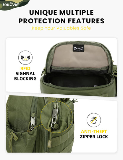 HALOVIE Anti-theft Tactical Sling Bag RFID ArmyGreen Military Shoulder Bag with Phone Pack EDC Molle Crossbody Bag for men