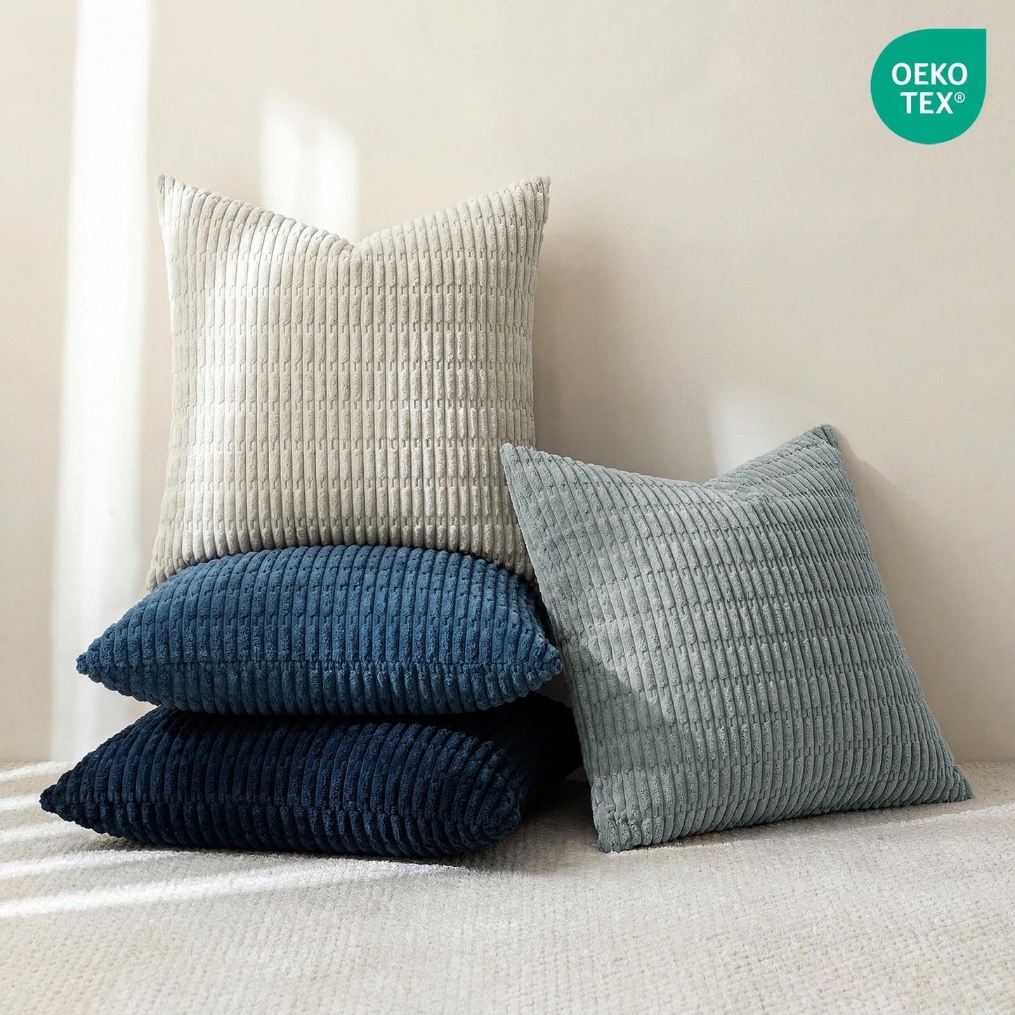 Softalker Throw Pillow Covers 18x18 Inch, Set of 4, Corduroy Soft Striped Farmhouse Boho Pillow Cover, Modern Decorative Cushion Pillow Case for Couch Sofa Bedroom Living Room, Grey/Blue