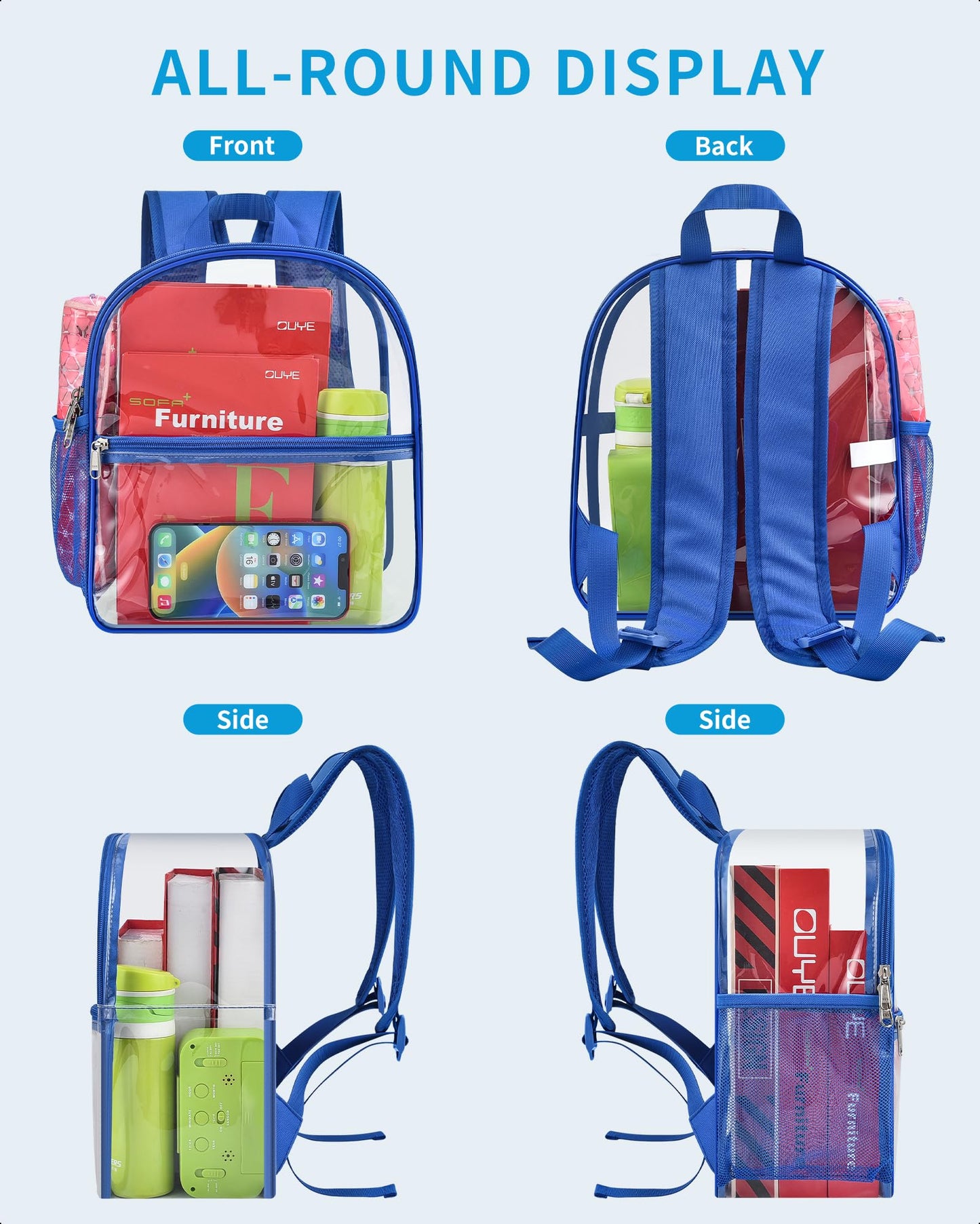 Paxiland Clear Backpack Stadium Approved 12×12×6 with Reinforced and Wider Shoulder Straps, Small Clear Bag for Schools, Concerts, Work, Festivals and Sporting Events - Blue