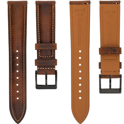 Gomvadr Quick Release Leather Watch Bands 14mm 16mm 18mm 19mm 20mm 21mm 22mm 24mm ,Vintage Oil Wax-Tanned Leather Watch Straps Men's Watch Band Replacement Watch Strap for Men Women,Tan with Contrast Stitch/Blk Buckle, 20mm