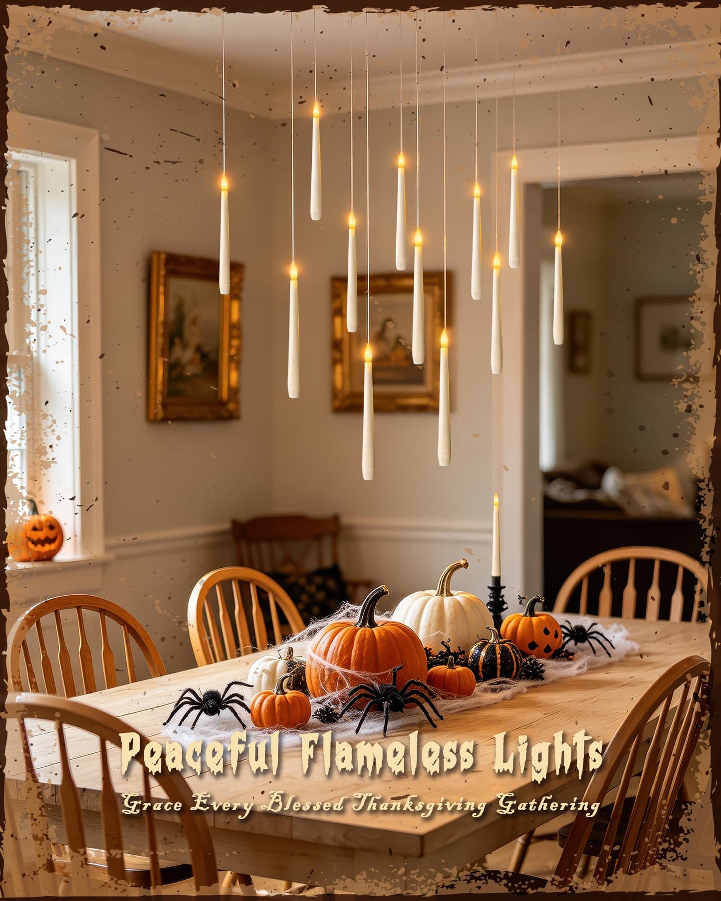 Meigic 10PCS Floating Candles with Wand Remote, Flameless Hanging Taper Candles with Flickering Warm Light, Battery Operated Magic Candles for Halloween Indoor Ceiling Decor, Hallway, Bedroom, Party
