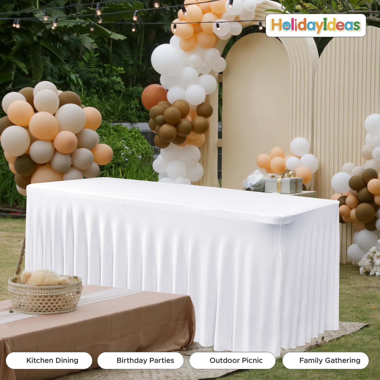 HolidayIdeas 2 Pack Spandex Table Skirt for 6 Ft Rectangle Tables, White Fitted Stretch Tablecloth 30 x 72 Inch, Wrinkle Resistant Ruffle Design for Wedding Banquets, Baby Showers, Parties