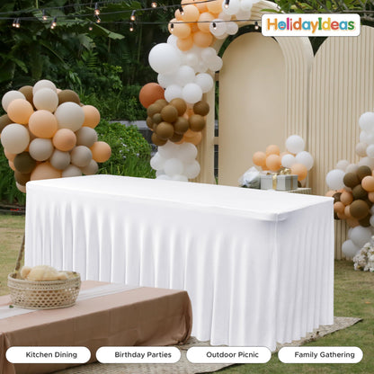 HolidayIdeas 2 Pack Spandex Table Skirt for 6 Ft Rectangle Tables, White Fitted Stretch Tablecloth 30 x 72 Inch, Wrinkle Resistant Ruffle Design for Wedding Banquets, Baby Showers, Parties