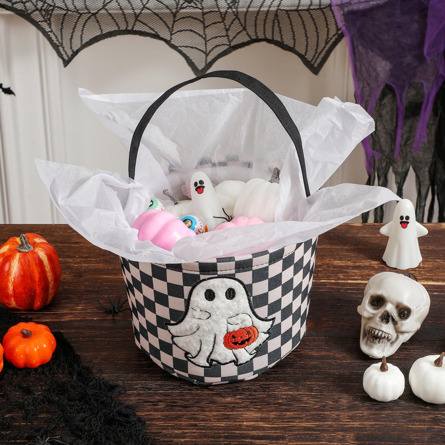 Halloween Bucket, Trick or Treat Basket for Kids Girl Boy Halloween Candy Bucket Gift Basket Canvas Pumpkin Buckets Spooky Boo Baskets Candy Bags Pumpkin Baskets for Party Favor Decorations, Black
