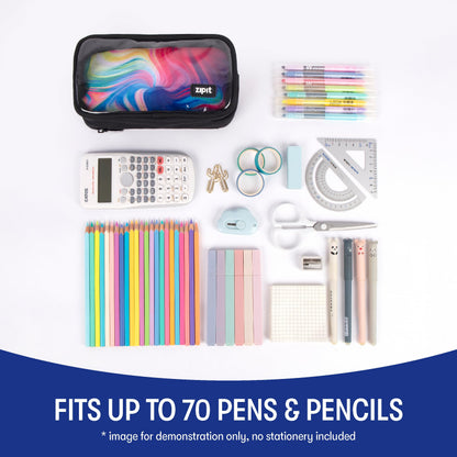 ZIPIT Half & Half Pencil Case, 3 Compartment Zipper Pouch for School, Stationery Bag for Teen Girls Boys and Adults, Black