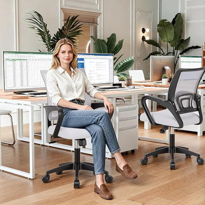 BestOffice | Ergonomic Office Chair | Mid-Back Swivel Desk Chair | Breathable Backrest & Lumbar Support | Adjustable Height | Sponge Seat | Rolling Wheels | White | for Adults & Women