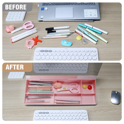 SELEAD Desktop Glass Whiteboard with Organizer & Built-in Mirror - Small Dry Erase White Board Computer Pad Keyboard Stand with Markers, Eraser, Holder for Women - Pink