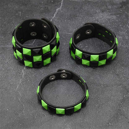 Dreuyet 3 Piece Checkered Leather Bracelet Set Black White PU Wristband Adjustable Gothic Punk Style Halloween Accessories for Men Women (Black Green)
