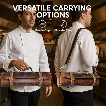 RUSTIC TOWN Leather Knife Roll Storage Bag | Elastic and Expandable 11 Pockets with Tool Pouch | Adjustable/Detachable Shoulder Strap | Travel-Friendly Chef Knife Case Roll (Walnut Brown)