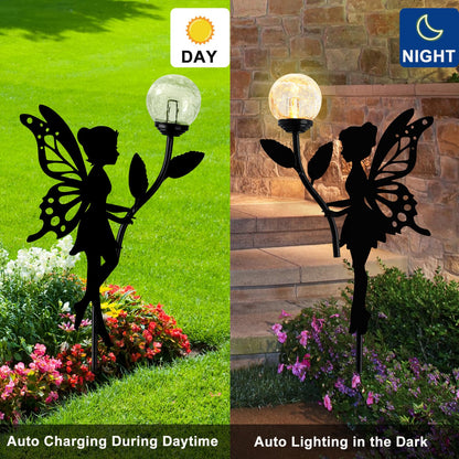 Ouddy Decor 2 Pack Solar Fairy Garden Decor, Metal Statues with Crackle Glass Globe Lights Silhouette Waterproof for Outdoor Lawn Patio Yard Pathway Home Mother's Day Decorations Gardening Gifts