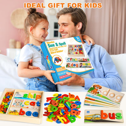 Wooden See & Spell Learning Toys for 2 3 4 5 Year Old Kids, Preschool Learning Activities Alphabet Flash Cards, Educational Match Letter Game Board, CVC Word Builder Montessori Toys Gifts for Boy Girl