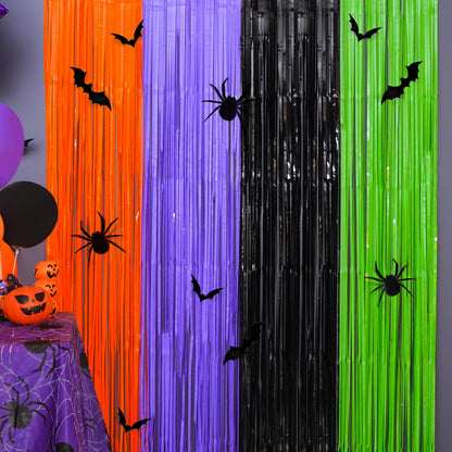 Mega-L Halloween Party Decorations, 2 Packs Orange Purple Black Green Photo Booth Props, 3.3 x 6.6 ft Halloween Foil Fringe Curtains with Bats, Photo Backdrop Streamers Halloween Party Supplies