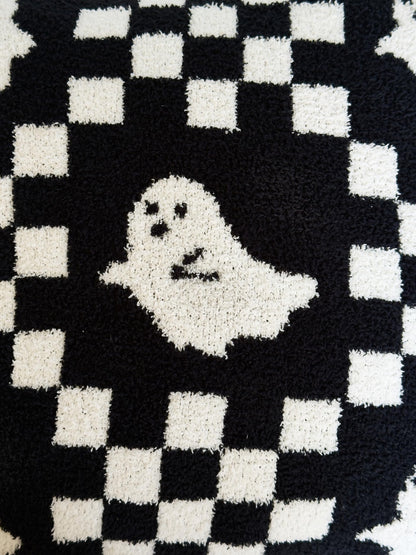 Ultra Soft Cozy Checkered Ghost Happy Halloween Knitted Throw Pillow Cover Fluffy Microfiber Checkerboard pillocase Lightweight Decorative for Sofa Bed 18 Inches Both Sides Black