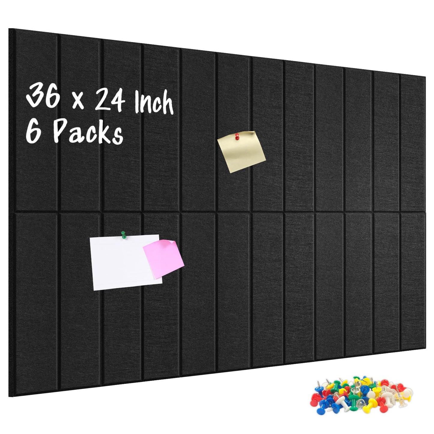 DOLLAR BOSS Felt Cork Board Tiles, 6 Packs 12" x 12" 1/2" Thick Bulletin Board Adhesive Acoustic Panels Soundproof Corkboards for Walls with 60 Pushpins for Home Office Kitchen School, Black Stripe