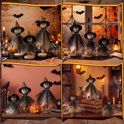 Redbaker 3 Pcs Halloween Decorations Indoor Primitive Halloween Ghost with Witch Hat on Wood Stand Spooky Ghost Tiered Tray Decor Rustic Table Centerpiece for Home Office Mantel Shelf (Black, Gothic)