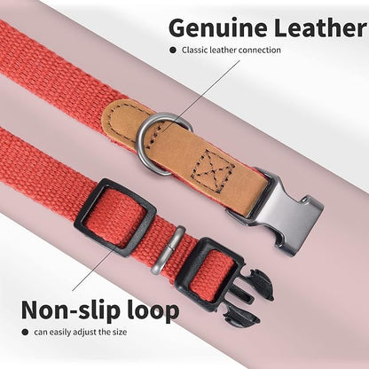 Mile High Life Genuine Leather Dog Collar, Soft Cotton Pet Collars with Heavy Metal Buckle for Small Large Dogs (Red, M Neck 15"-18")