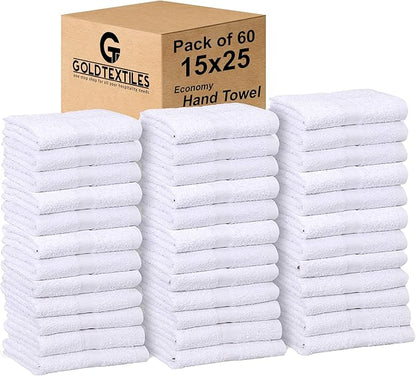 GOLD TEXTILES Bulk Pack 60 Pcs White Economy 15x25 Inches Basic Hand Towel