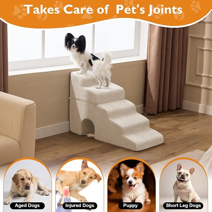 Dog Stairs for Bed 23’’ H, 5-Step Dog Steps for High Bed, Foldable Pet Stairs for Small Dogs and Cats to Get on Beds, Couch, Non-Slip Balanced Pet Steps and Ramp with Waterproof Cover, Beige